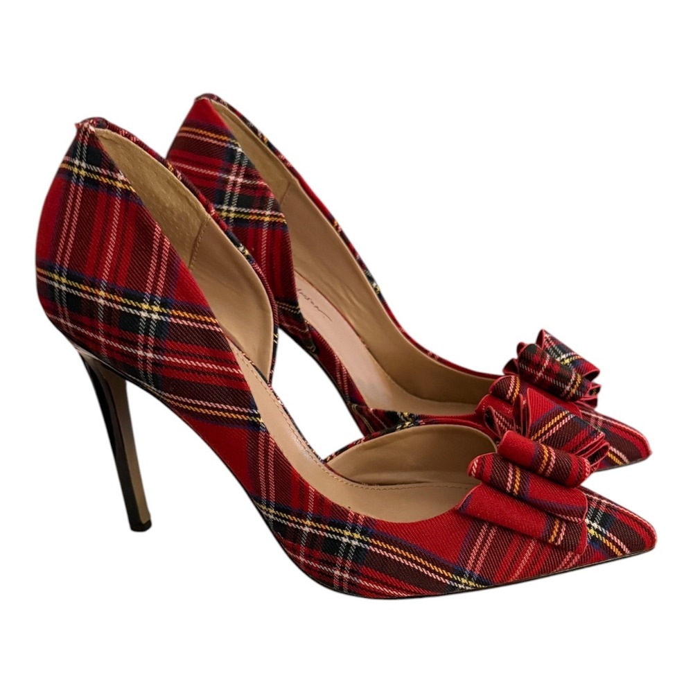 Betsey Johnson Plaid Tartan Pumps Women 11M Bow D'Orsay Patent Stiletto Heels